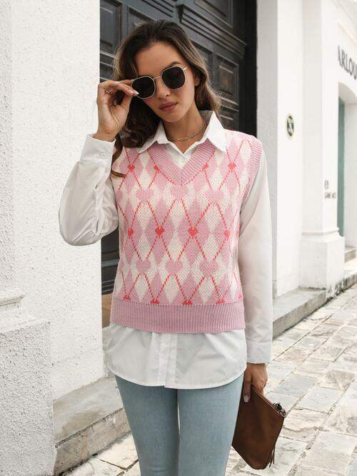 Geometric V-Neck Sweater Vest - Trendsi - Flyclothing LLC