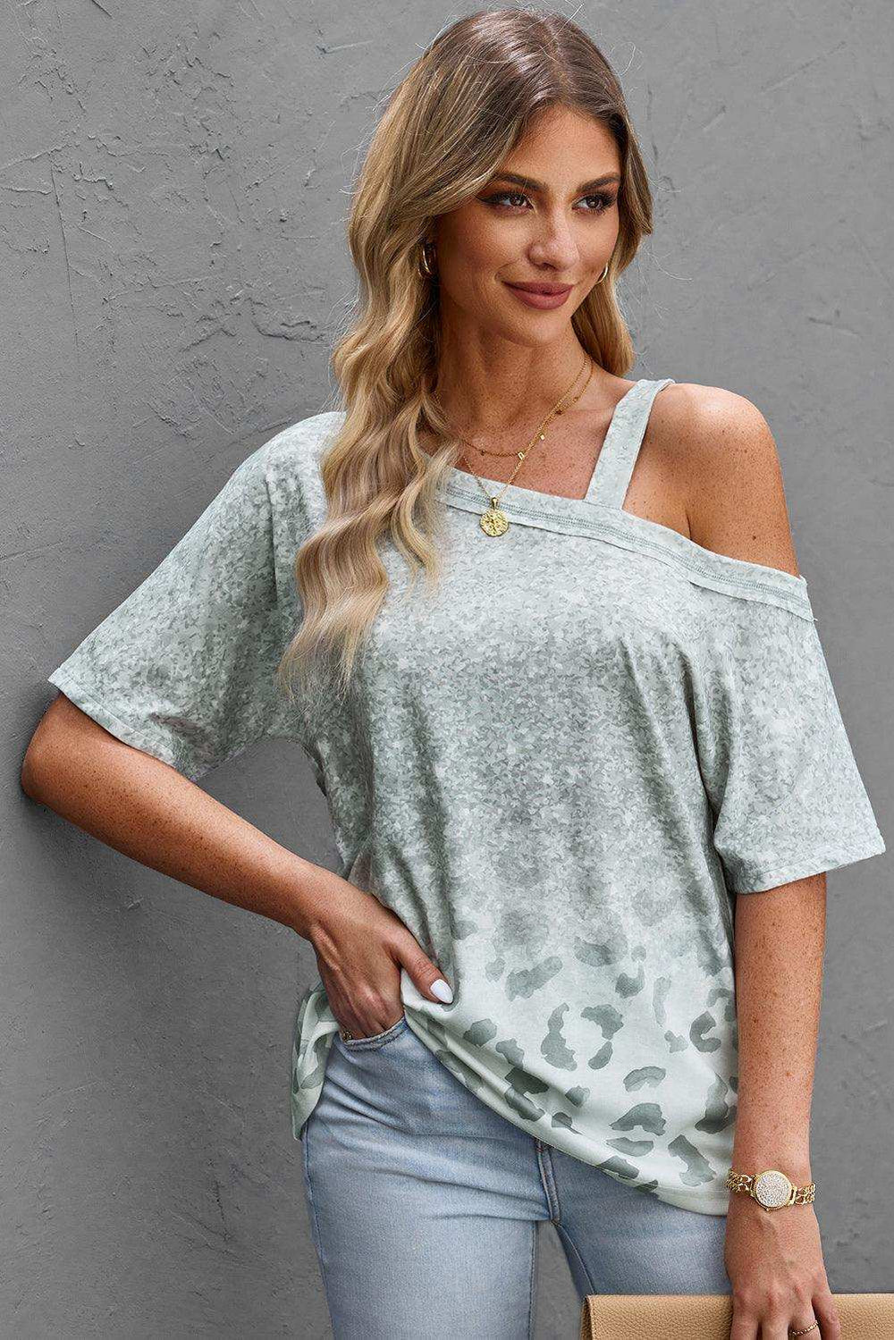 Leopard Asymmetrical Neck Cold-Shoulder Blouse - Trendsi - Flyclothing LLC