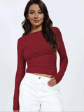 Backless Round Neck Long Sleeve Blouse - Trendsi - Flyclothing LLC