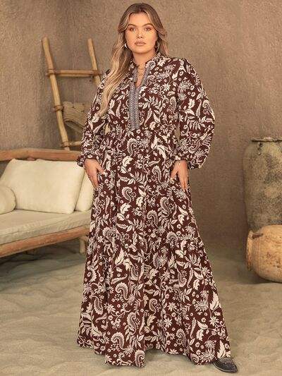 Plus Size Notched Balloon Sleeve Printed Maxi Dress - Trendsi - Flyclothing LLC