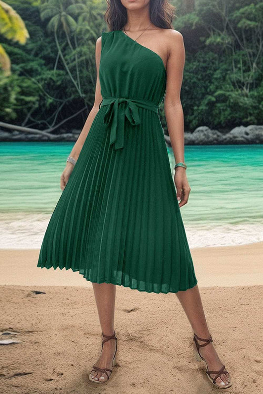 Pleated Single Shoulder Tie Waist Midi Dress - Trendsi - Flyclothing LLC
