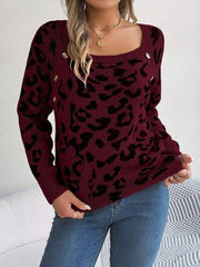 Leopard Buttoned Square Neck Sweater - Trendsi