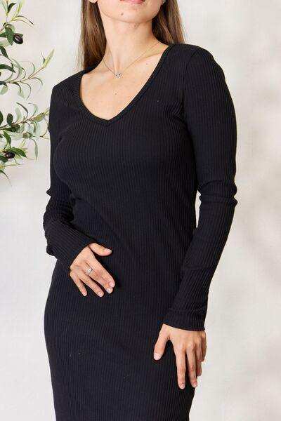 Culture Code Full Size Ribbed Long Sleeve Midi Slit Dress - Trendsi - Flyclothing LLC