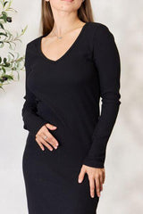 Culture Code Full Size Ribbed Long Sleeve Midi Slit Dress - Trendsi