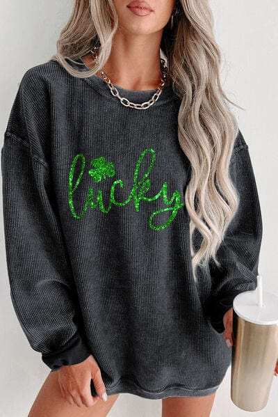 LUCKY Round Neck Dropped Shoulder Sweatshirt - Trendsi - Flyclothing LLC