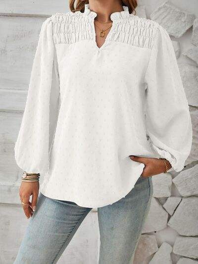 Ruched Swiss Dot Notched Balloon Sleeve T-Shirt - Trendsi - Flyclothing LLC