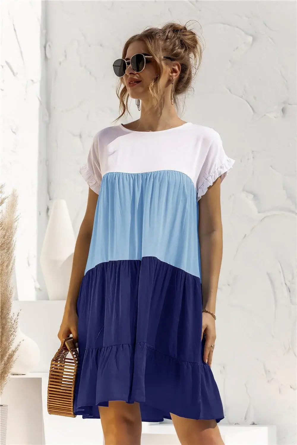 Color Block Round Neck Ruffle Hem Dress - Trendsi - Flyclothing LLC