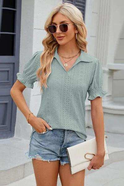 Eyelet Johnny Collar Short Sleeve Blouse - Trendsi - Flyclothing LLC