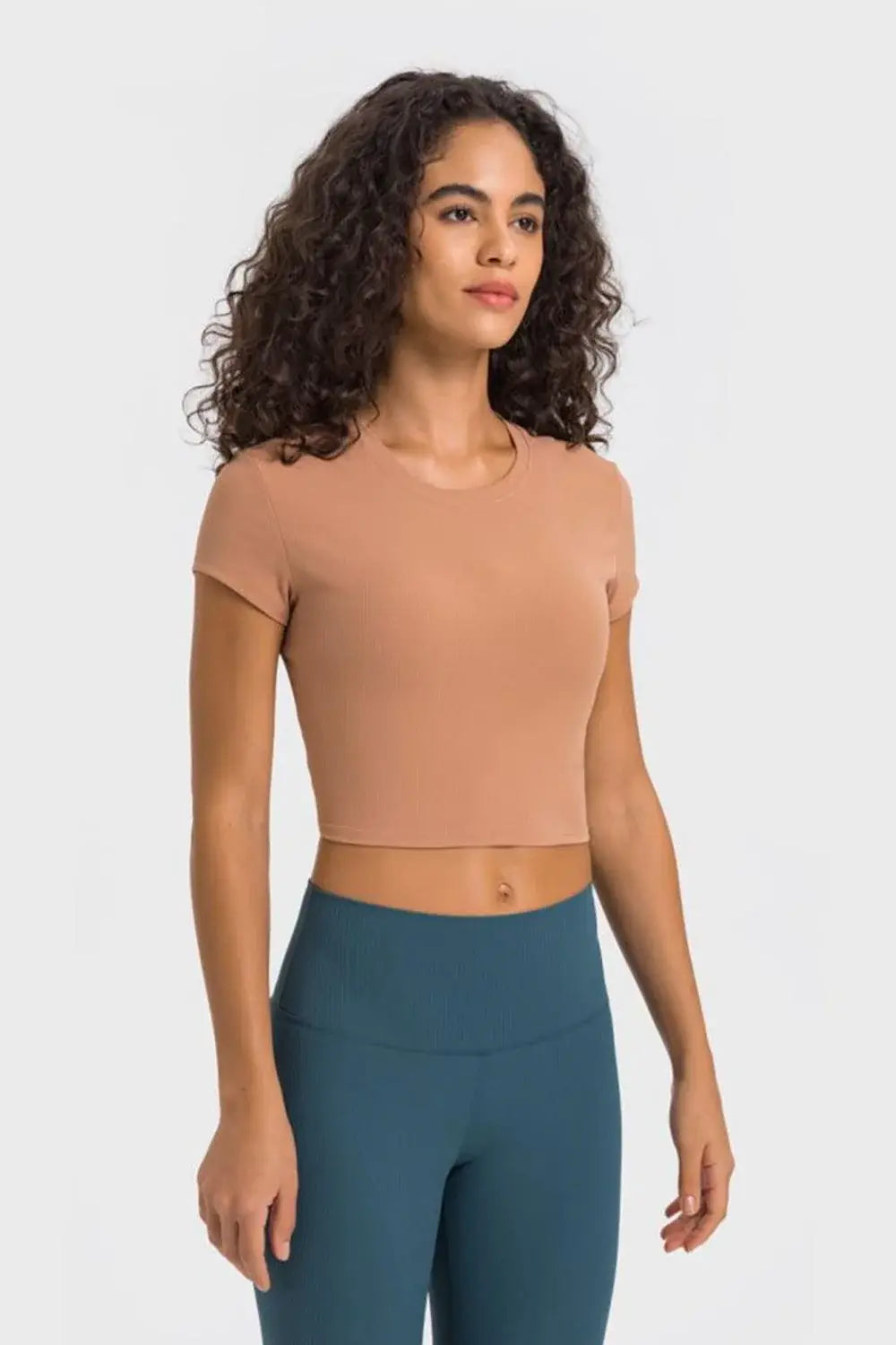 Round Neck Short Sleeve Cropped Sports T-Shirt - Trendsi - Flyclothing LLC
