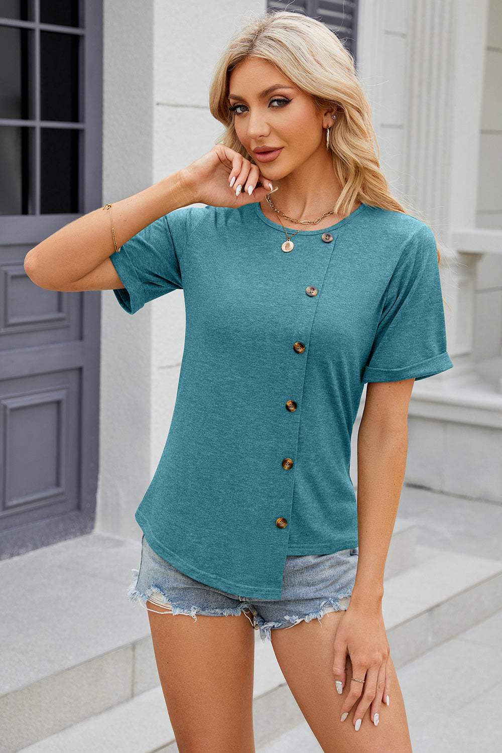 Round Neck Short Sleeve T-Shirt - Trendsi - Flyclothing LLC