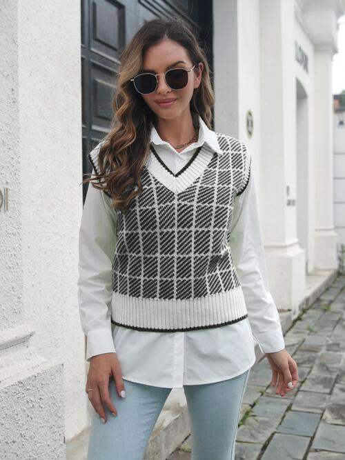 Plaid V-Neck Sweater Vest - Trendsi - Flyclothing LLC