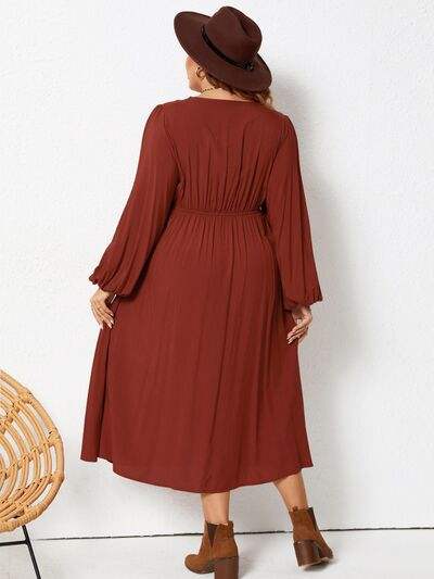 Plus Size Lace Detail V-Neck Balloon Sleeve Dress - Trendsi - Flyclothing LLC