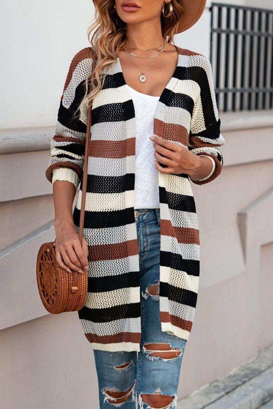 Full Size Striped Long Sleeve Openwork Cardigan - Trendsi - Flyclothing LLC