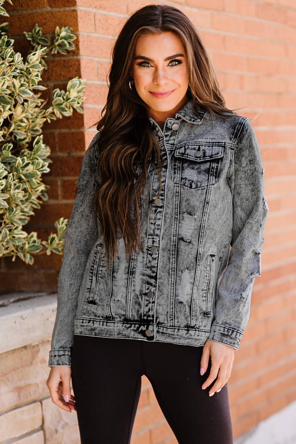 Distressed acid shop wash denim jacket