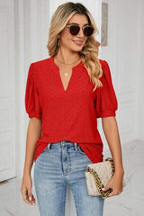 Eyelet Notched Short Sleeve T-Shirt - Trendsi - Flyclothing LLC