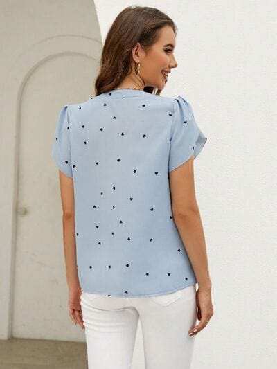 Heart Print Notched Petal Sleeve Blouse - Trendsi - Flyclothing LLC