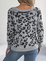 Leopard Buttoned Square Neck Sweater - Trendsi
