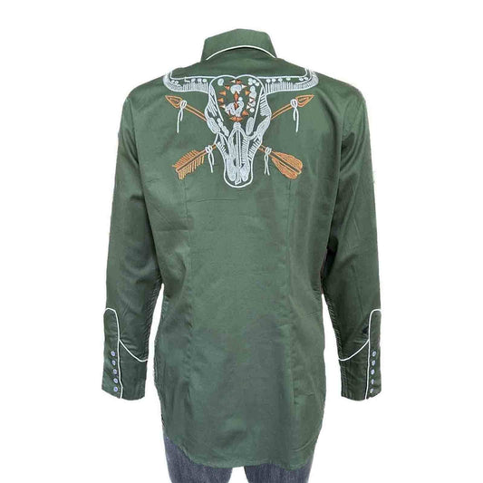 Rockmount Clothing Women’s Vintage Green Steer Skull & Arrow Chain Stitch Embroidery Western Shirt - Rockmount Clothing - Flyclothing LLC
