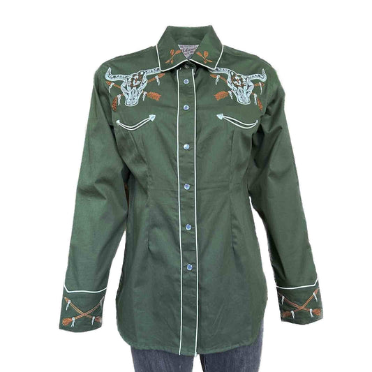 Rockmount Clothing Women’s Vintage Green Steer Skull & Arrow Chain Stitch Embroidery Western Shirt - Rockmount Clothing - Flyclothing LLC