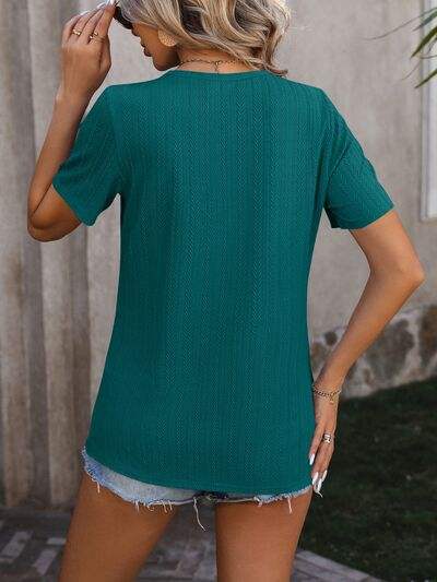 Decorative Button Round Neck Short Sleeve Blouse - Trendsi - Flyclothing LLC