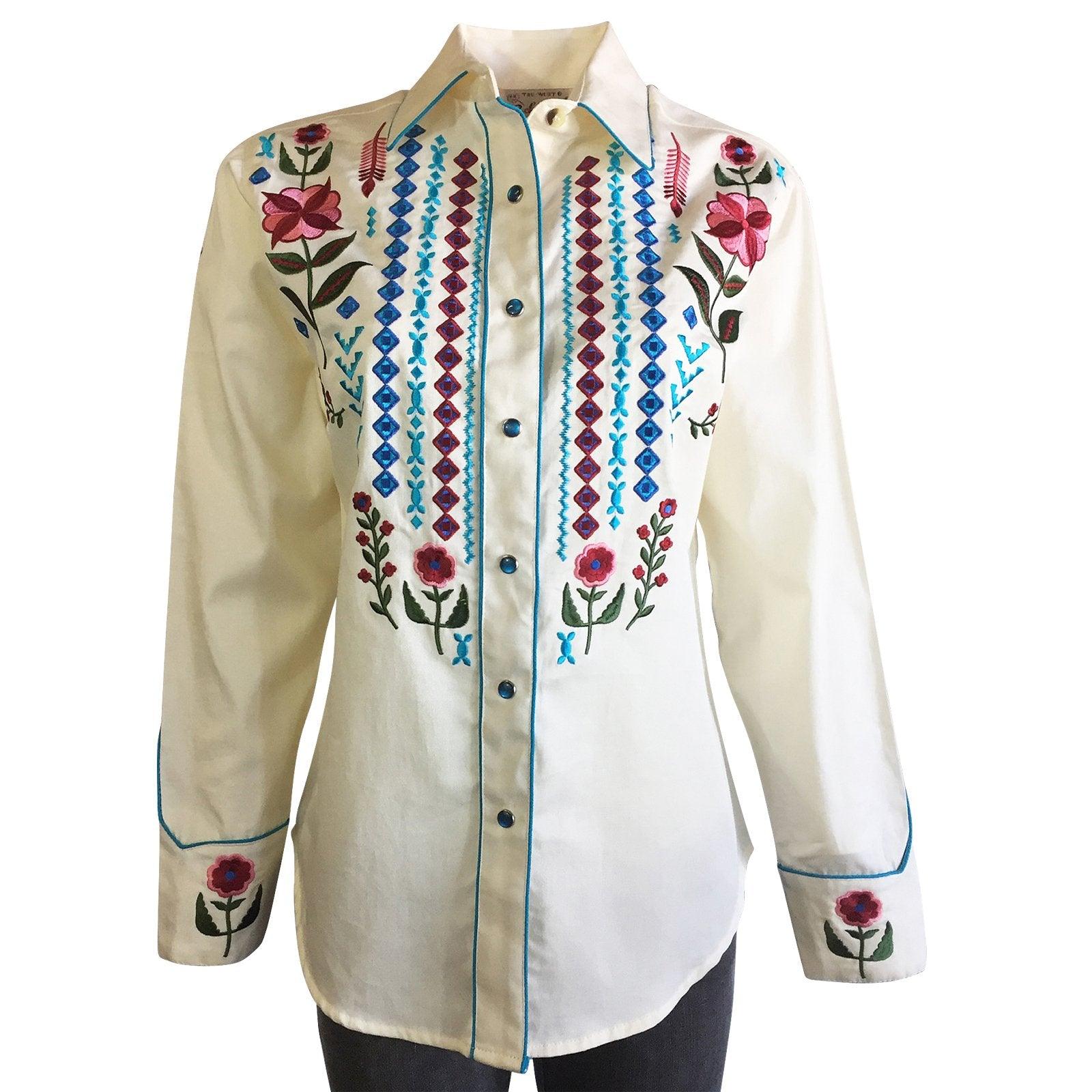 Women's Boho Serape Western Shirt with Cascading Embroidery in Ivory - Flyclothing LLC