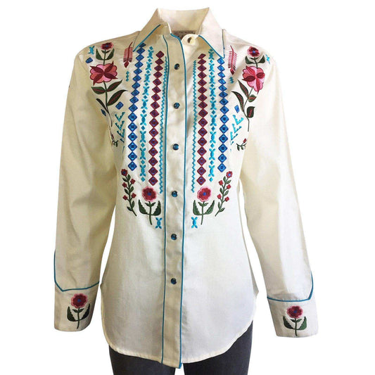 Women's Boho Serape Western Shirt with Cascading Embroidery in Ivory - Rockmount Clothing - Flyclothing LLC