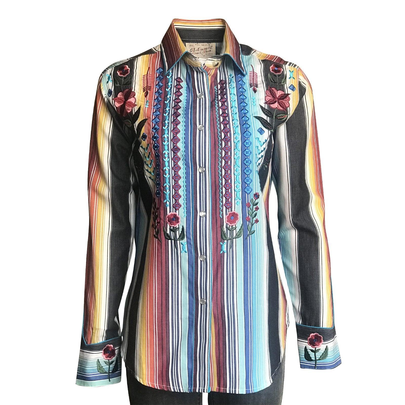 Women's Boho Serape Stripe Western Shirt with Cascading Embroidery - Flyclothing LLC