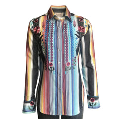 Women's Boho Serape Stripe Western Shirt with Cascading Embroidery - Flyclothing LLC