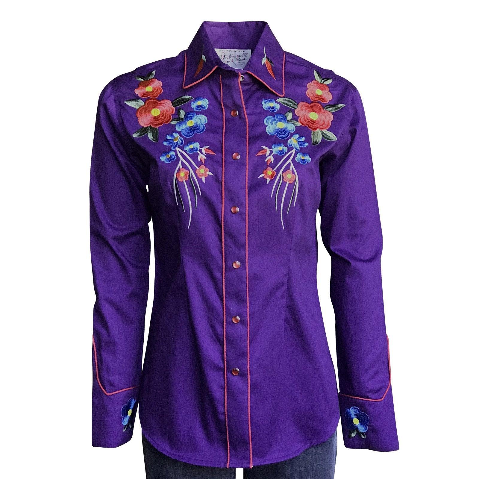 Women's Vintage Floral Bouquet Embroidered Western Shirt in Purple - Flyclothing LLC