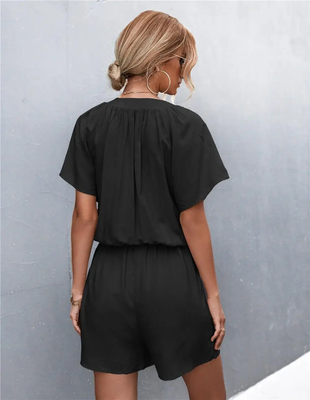 Buttoned Gather Detail Romper - Trendsi - Flyclothing LLC