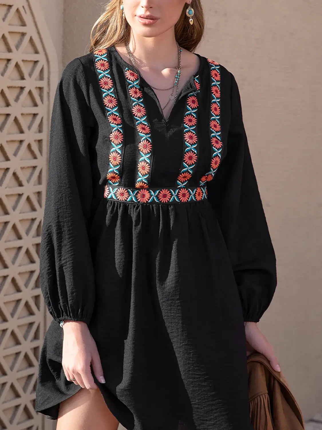 Notched Neck Long Sleeve Printed Mini Dress - Trendsi - Flyclothing LLC