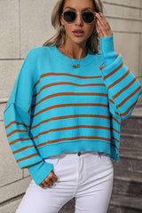 Striped Dropped Shoulder Round Neck Pullover Sweater - Trendsi - Flyclothing LLC