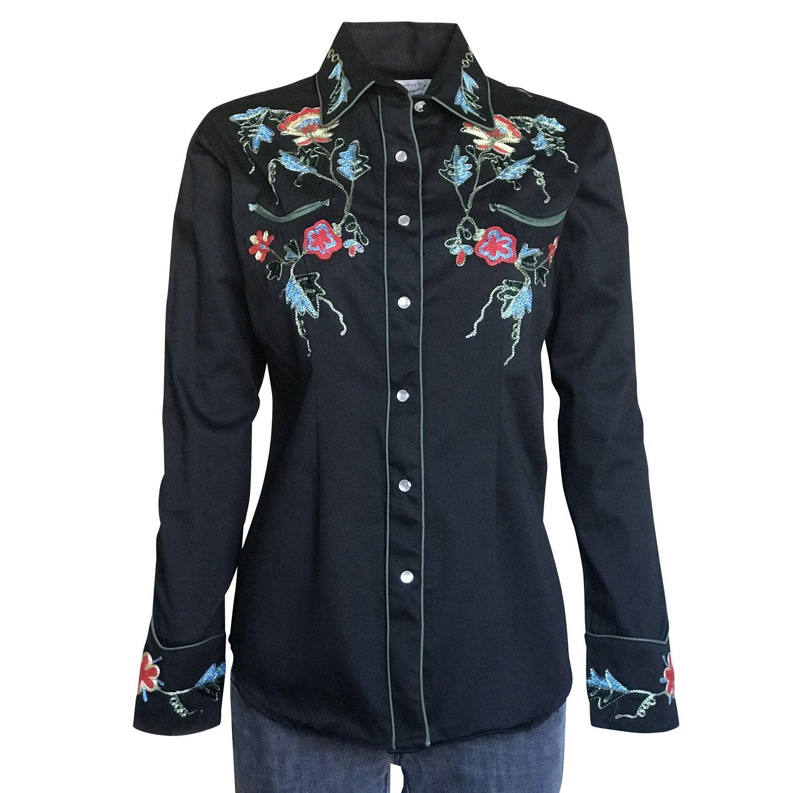 Women's Floral Embroidery Cotton Gabardine Black Western Shirt - Flyclothing LLC