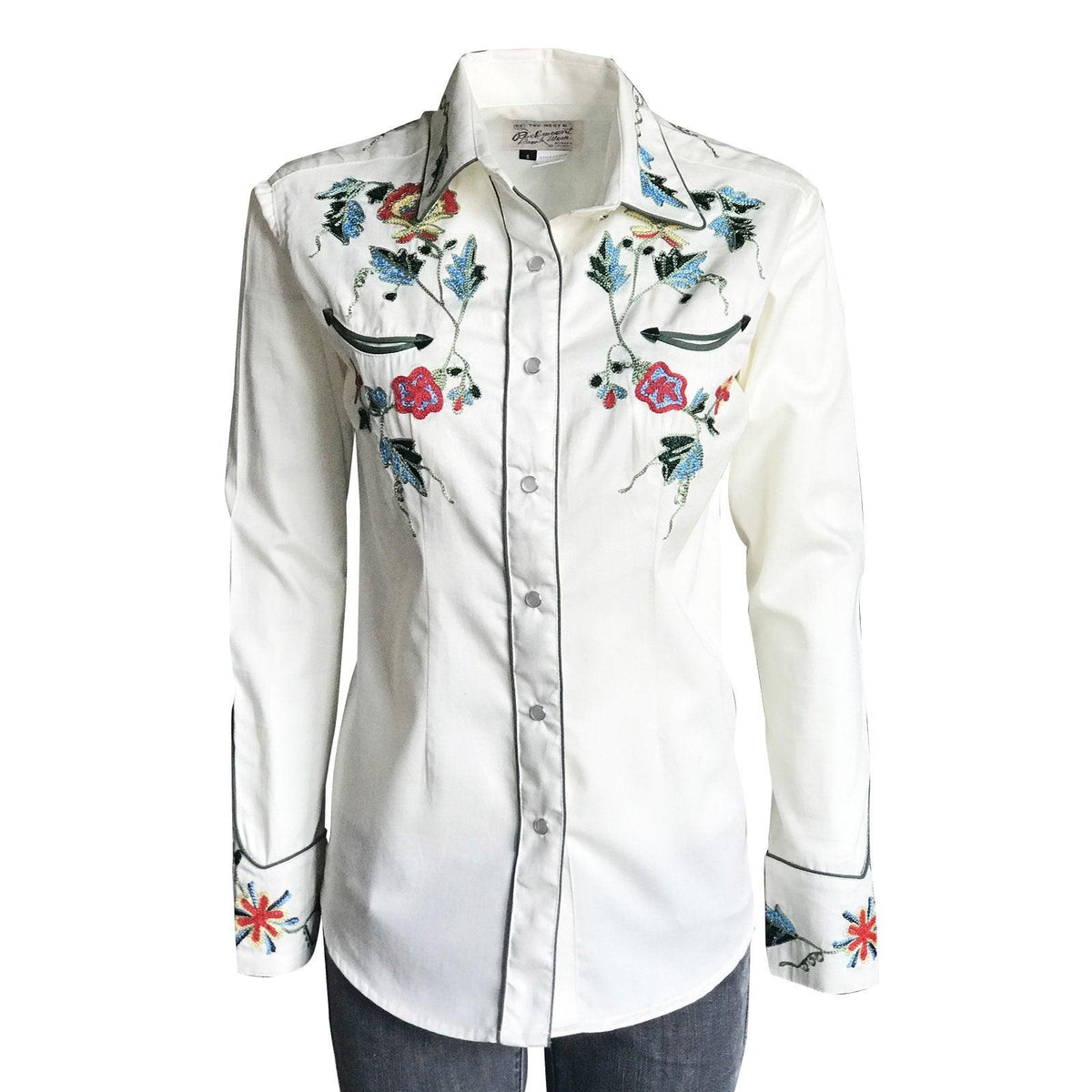 Rockmount Ranch Wear Womens White Floral Embroidery Western Shirt - Flyclothing LLC