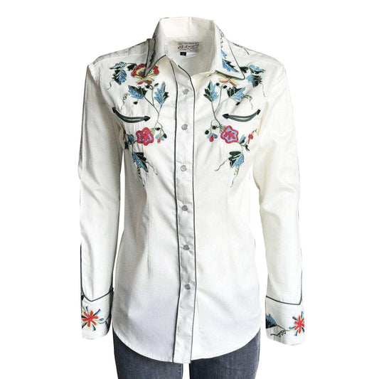 Women's Floral Embroidery Cotton Gabardine Ivory Western Shirt - Rockmount Clothing - Flyclothing LLC