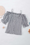 Plaid Buttoned Sweetheart Neck Cold-Shoulder Top - Trendsi
