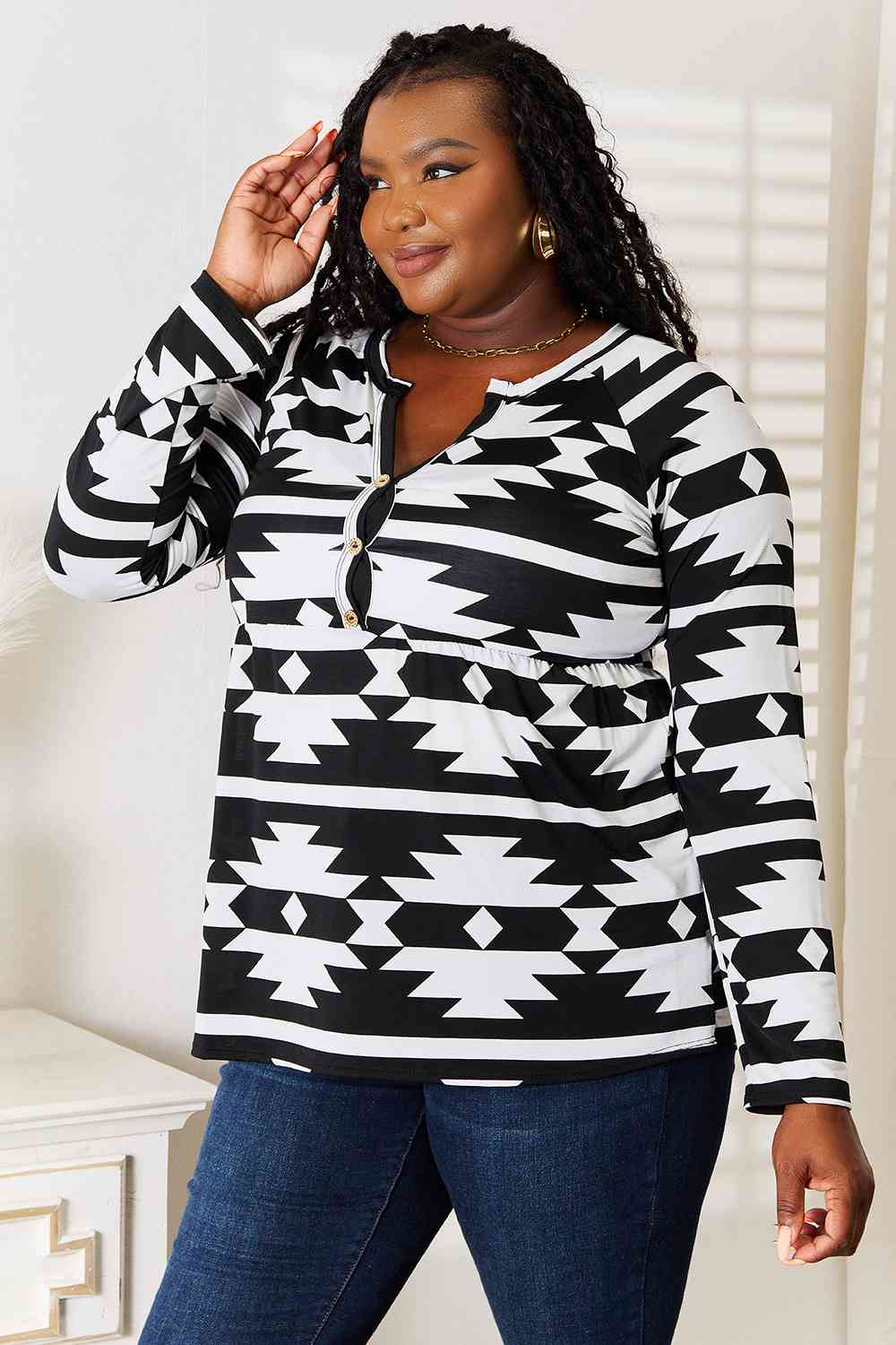Heimish Full Size Geometric Notched Neck Long Sleeve Top - Trendsi - Flyclothing LLC