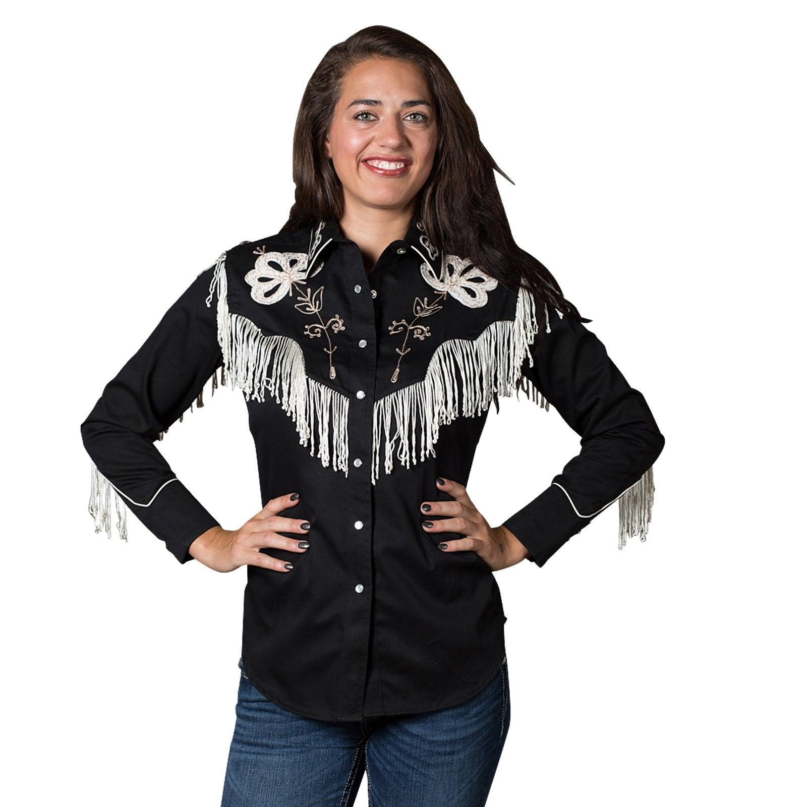 Rockmount Ranch Wear Womens Black Fringe Embroidered Western Shirt - Flyclothing LLC
