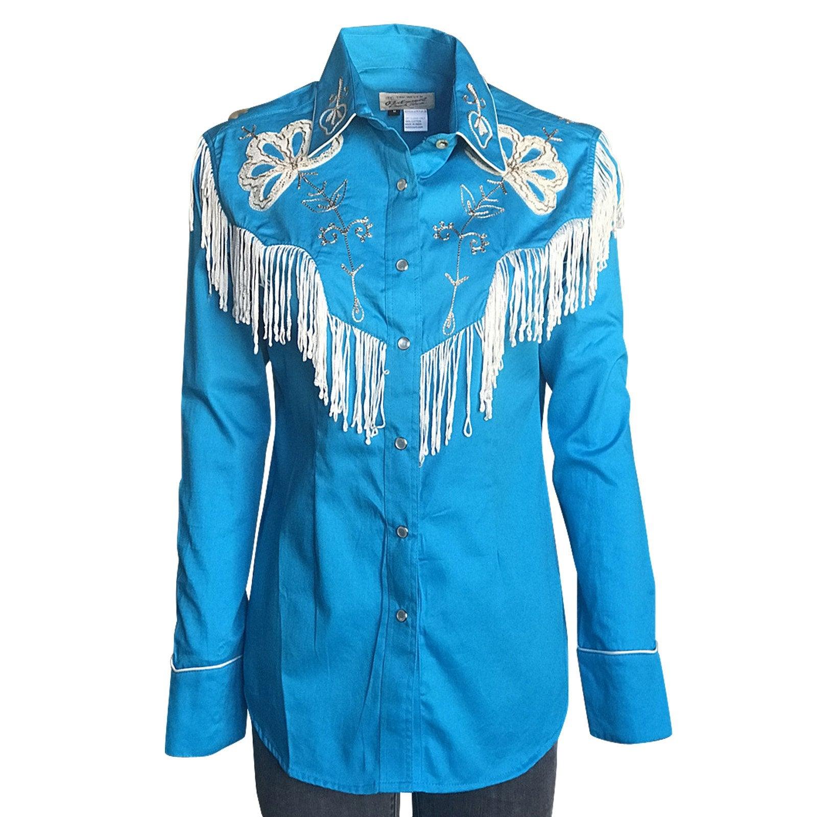 Rockmount Ranch Wear Womens Turquoise Fringe Embroidered Western Shirt - Flyclothing LLC