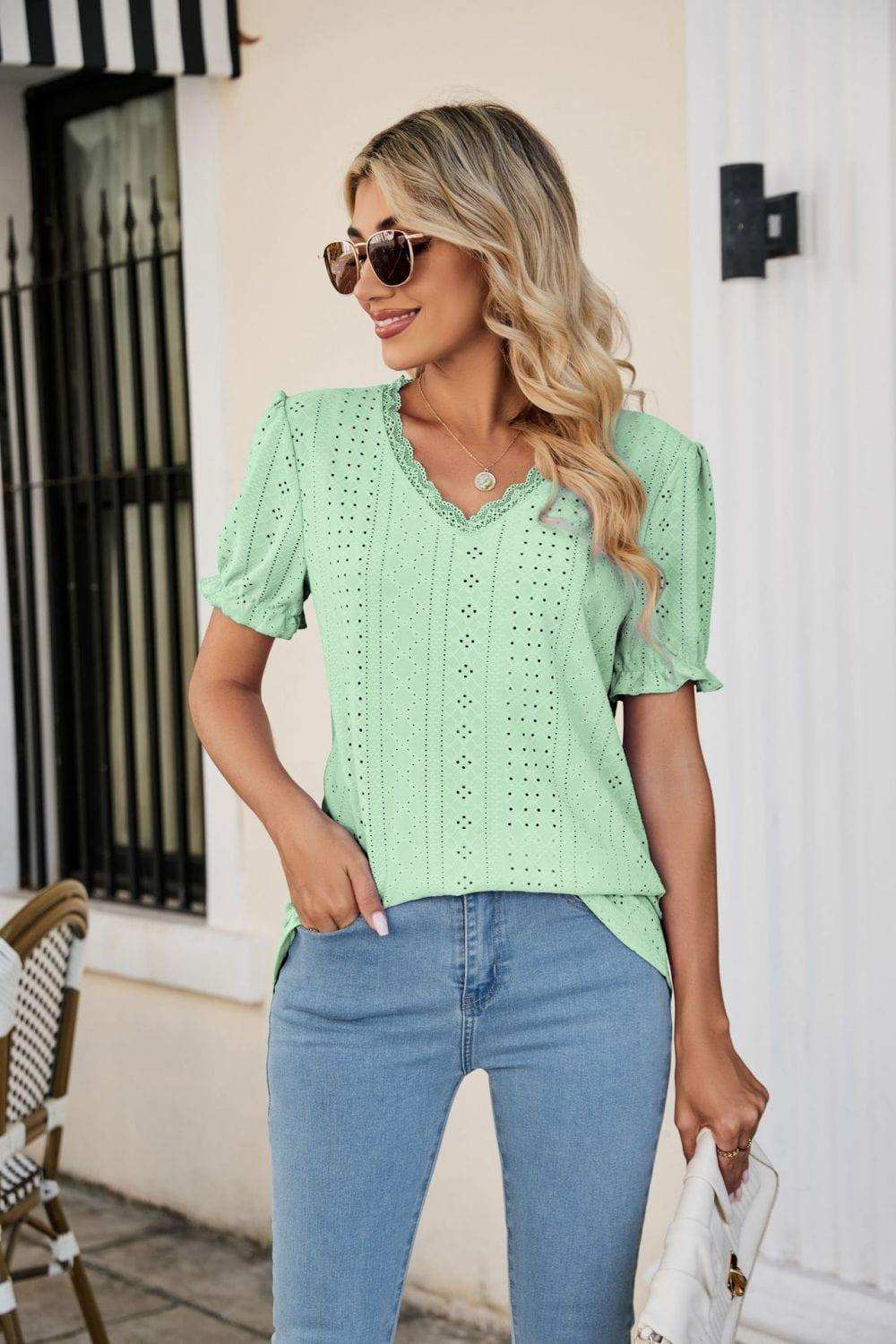 Eyelet Flounce Sleeve Scalloped V-Neck Top - Trendsi - Flyclothing LLC