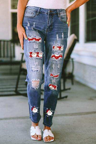 Santa Graphic Distressed Jeans with Pockets - Trendsi - Flyclothing LLC