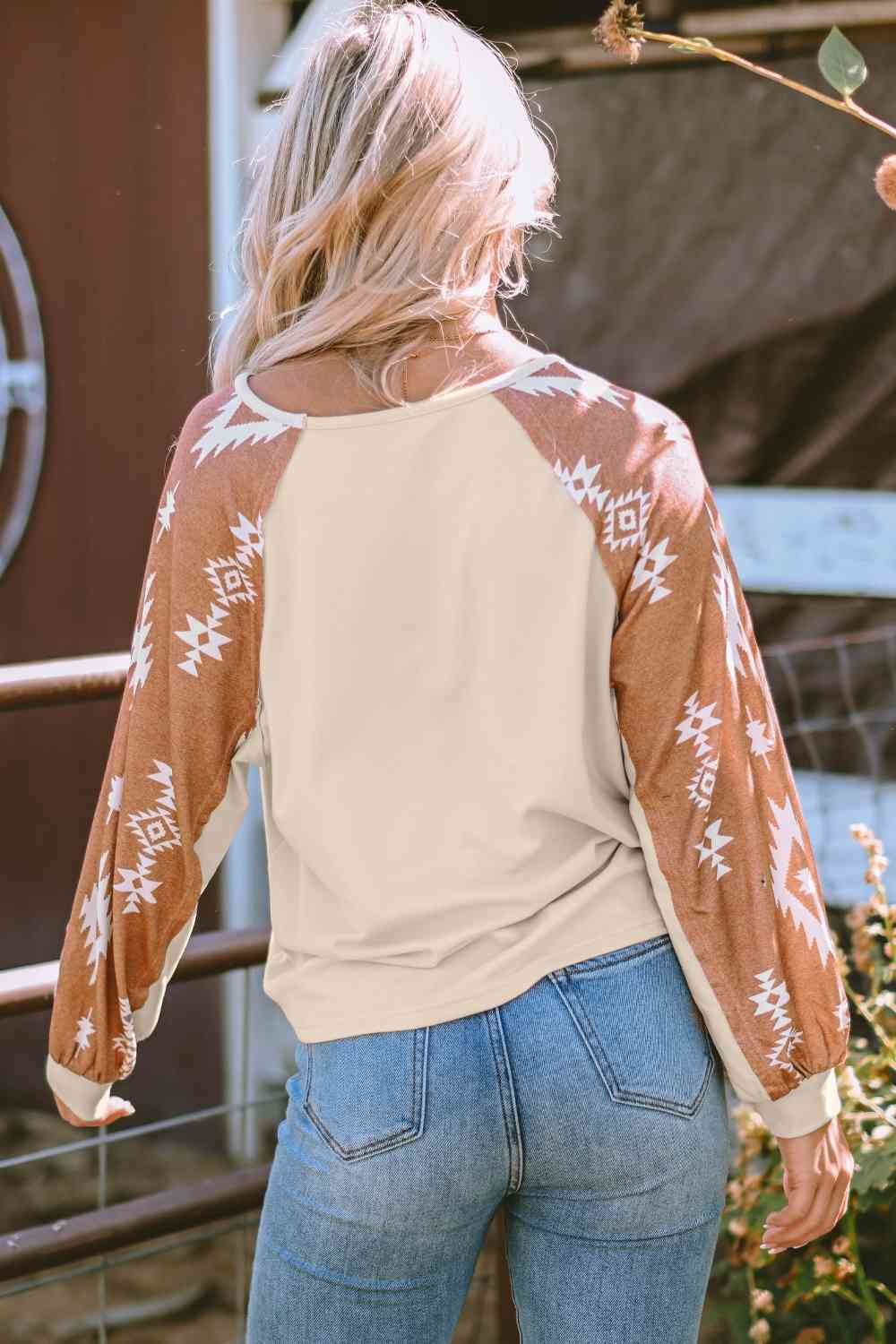 Geometric Round Neck Long Sleeve T-Shirt - Trendsi - Flyclothing LLC