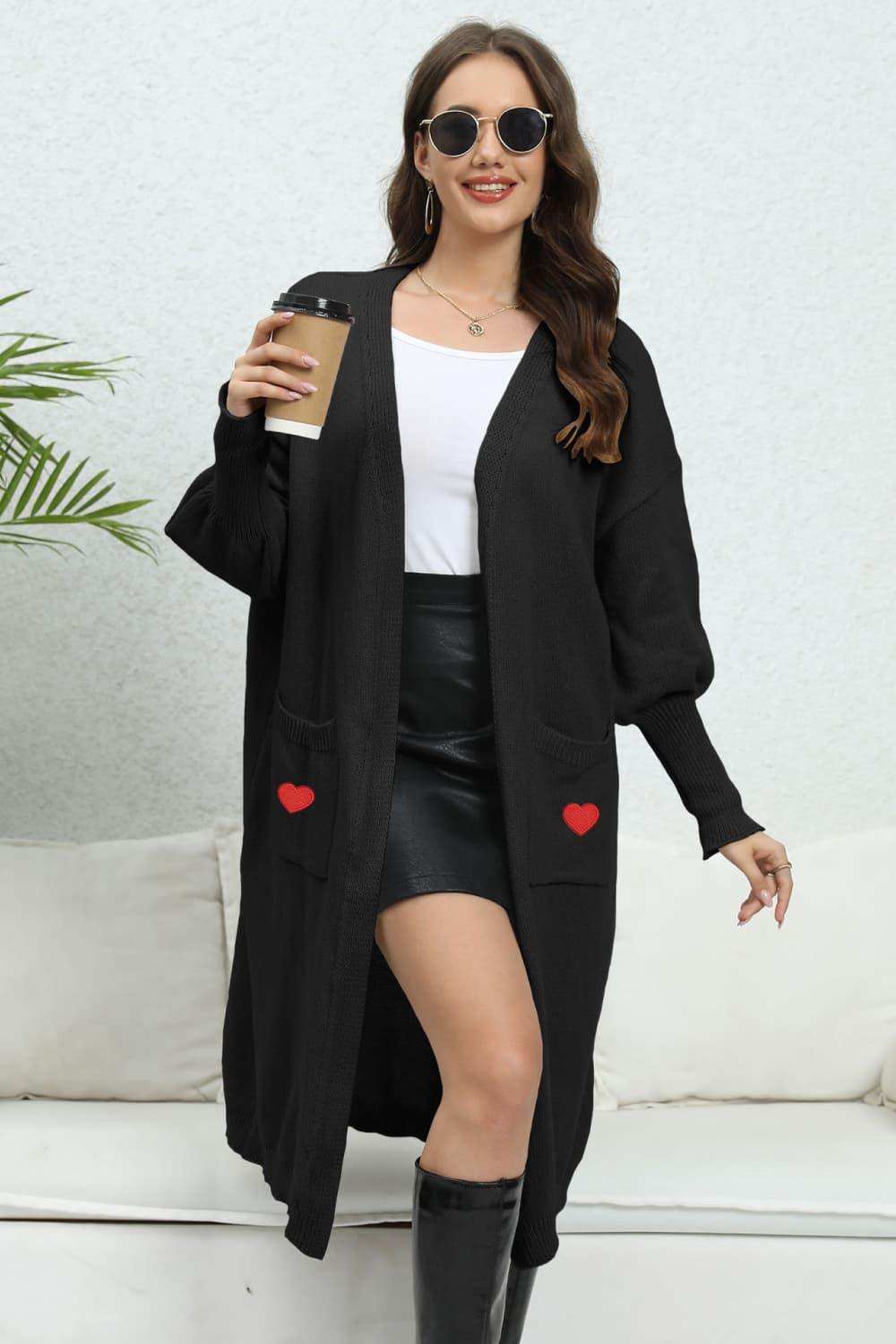 Lantern Sleeve Open Front Pocketed Cardigan - Trendsi - Flyclothing LLC