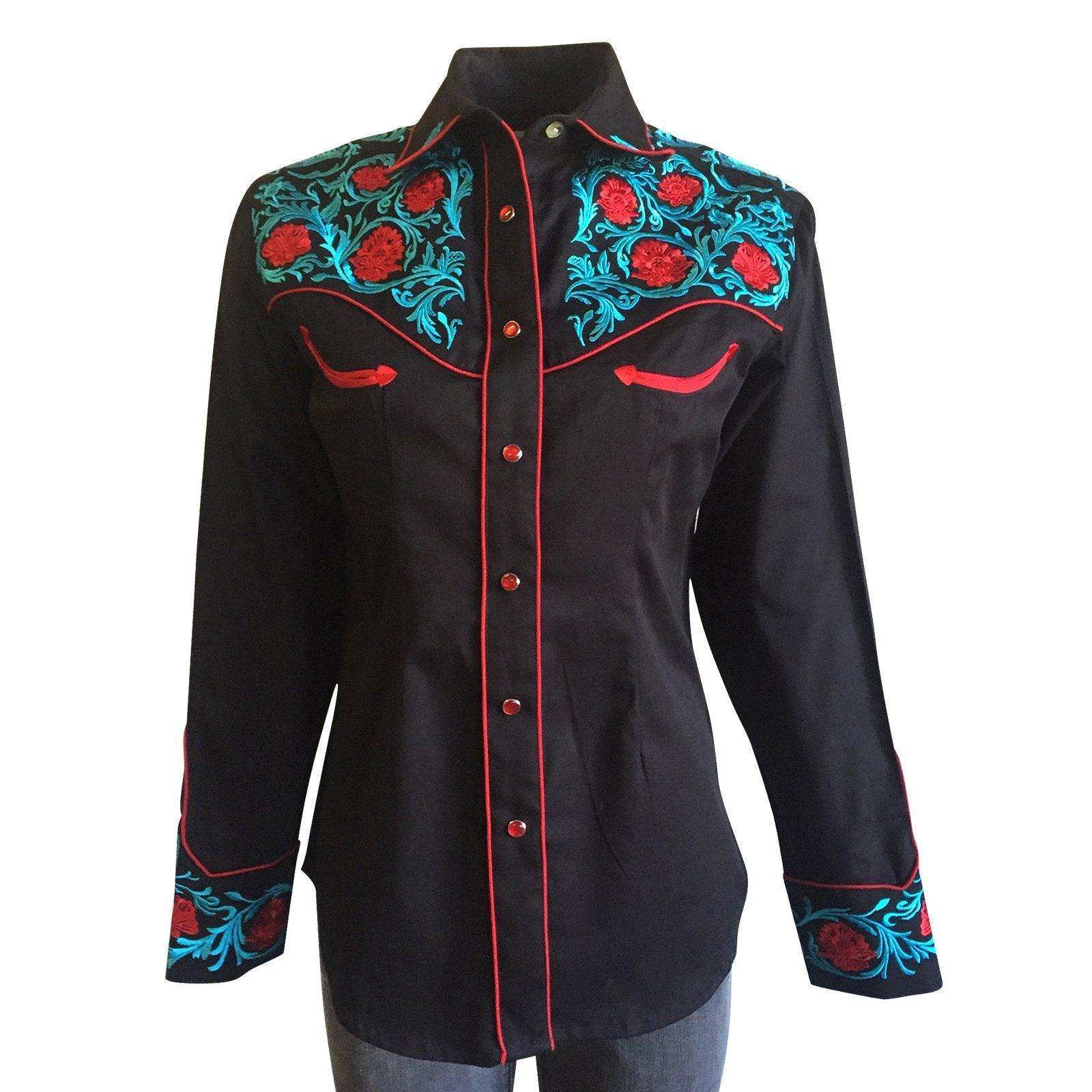 Women's Vintage Floral Embroidery Black Western Shirt - Rockmount Clothing - Flyclothing LLC