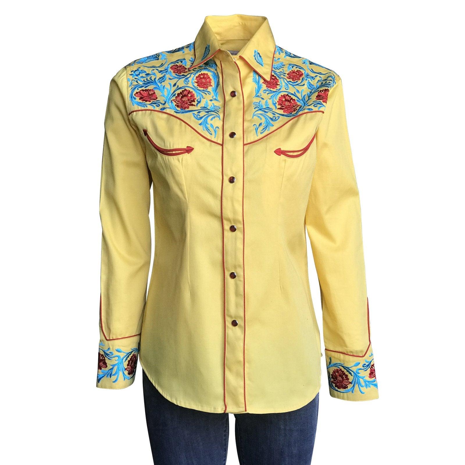 Rockmount Ranch Wear Womens Gold Vintage Shirt with Red & Blue Embroidery - Flyclothing LLC