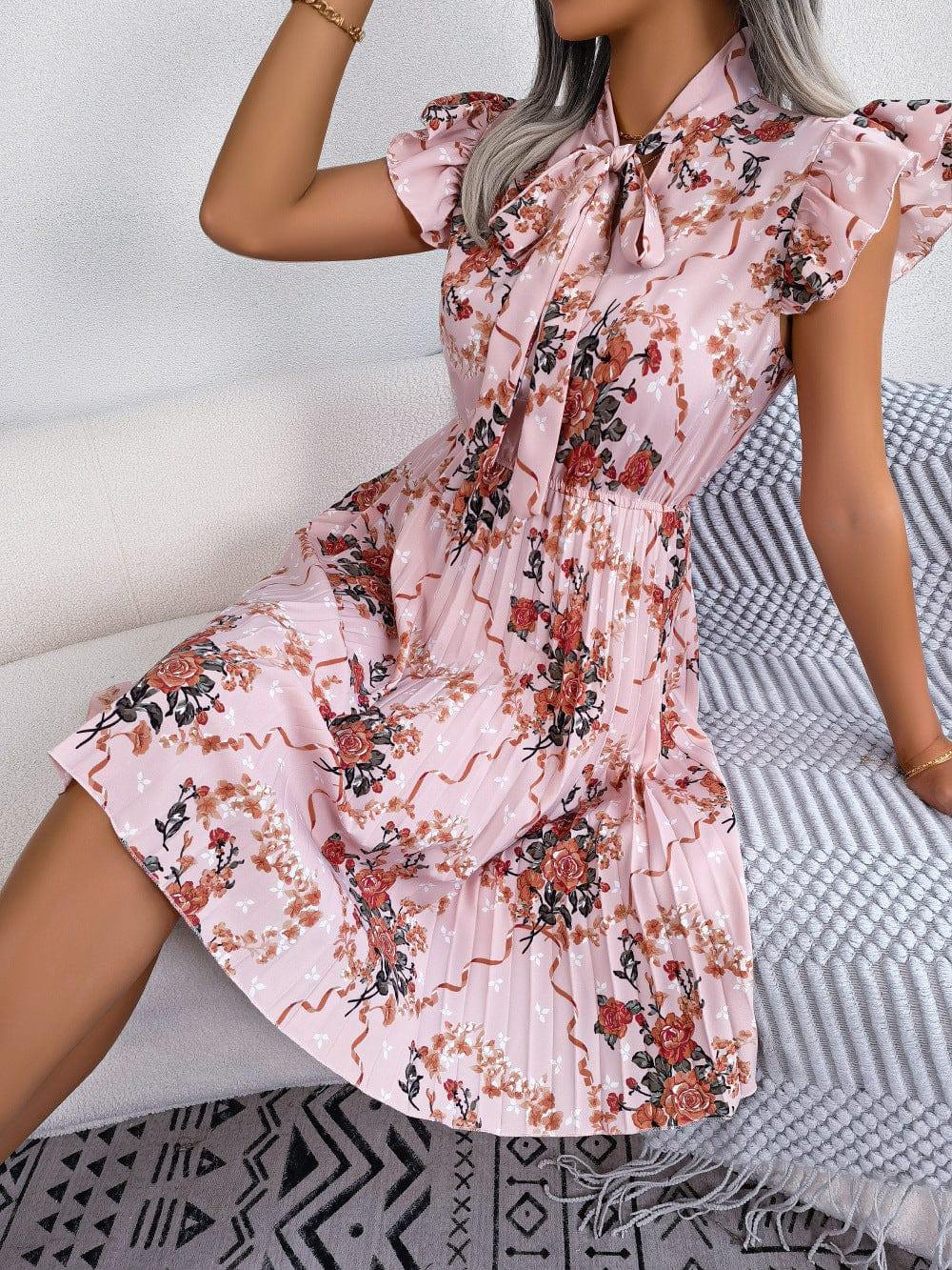 Pleated Floral Printed Tie Neck Knee Length Dress - Trendsi