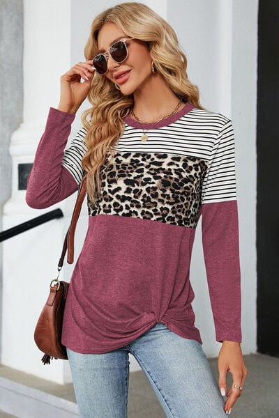 Leopard Striped Round Neck T-Shirt - Trendsi