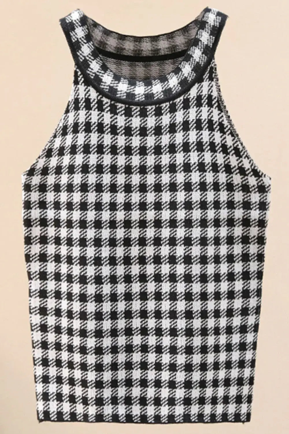Plaid Round Neck Sleeveless Knit Top - Trendsi - Flyclothing LLC