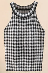 Plaid Round Neck Sleeveless Knit Top - Trendsi - Flyclothing LLC