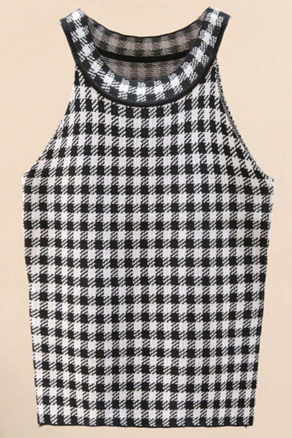 Plaid Round Neck Sleeveless Knit Top - Trendsi - Flyclothing LLC